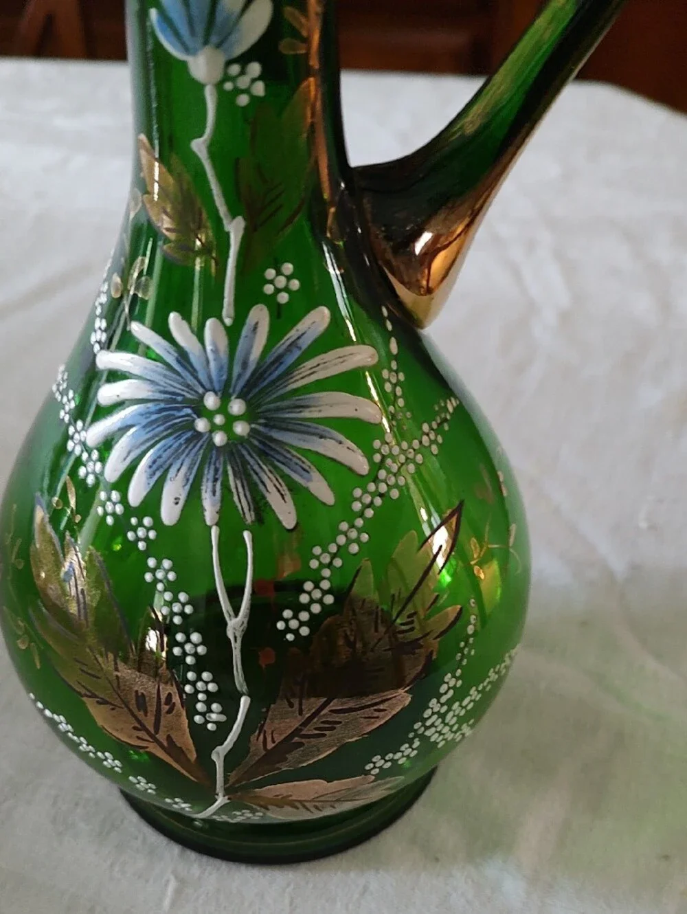 Hand-Painted Dark Green Floral Glass Pitcher Vase